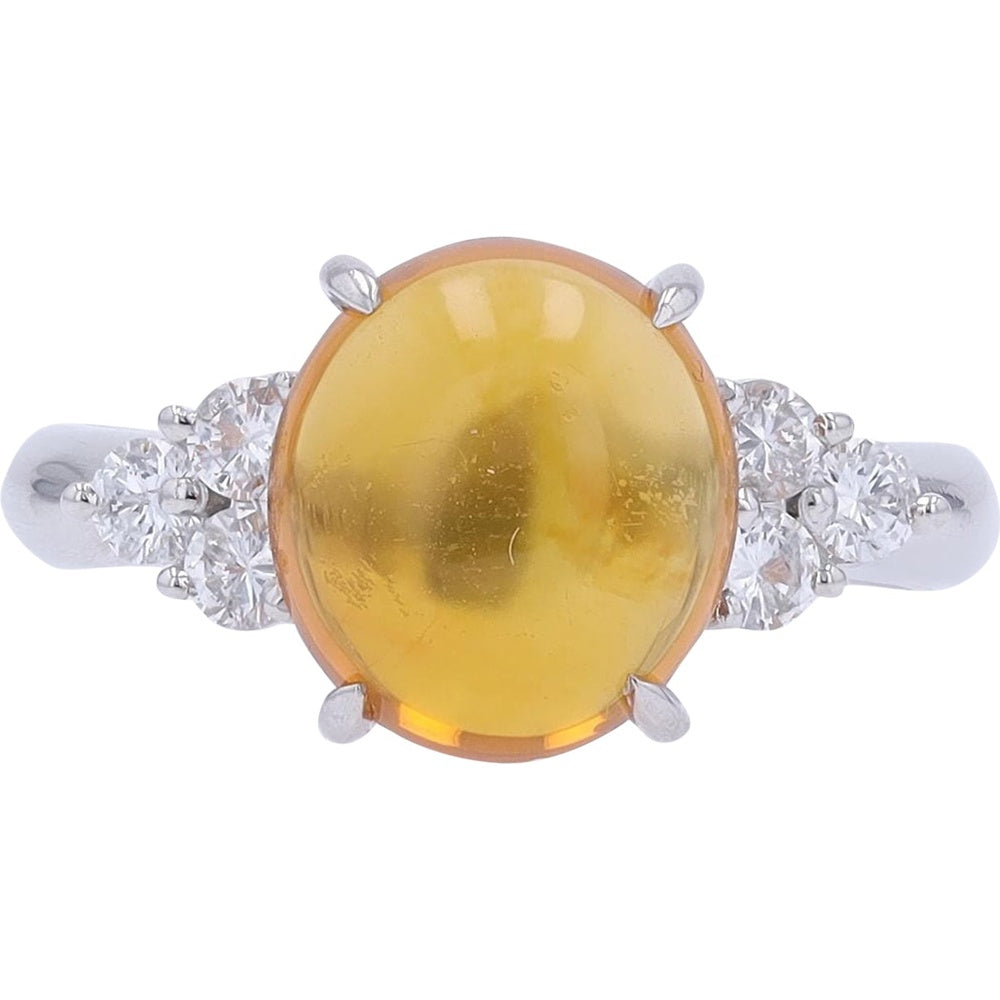 Platinum 900 Oval Cabochon Opal Ring with Round Diamond Accents - 2.94 Carat Opal and 0.36 Carat Total Diamond Weight