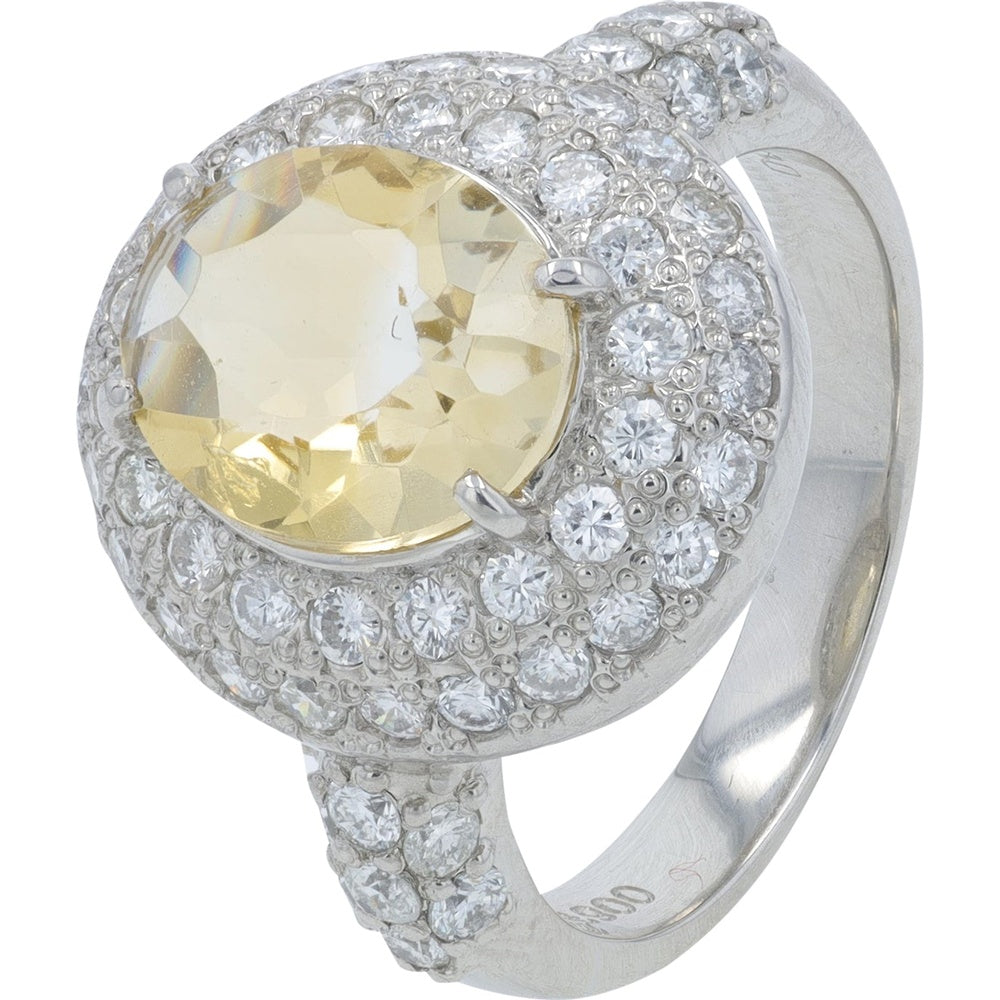 Platinum 900 Oval Citrine Cocktail Ring with Double Diamond Halo - 2.071 Carat Citrine and 1.04 Carat Diamond Total Weight