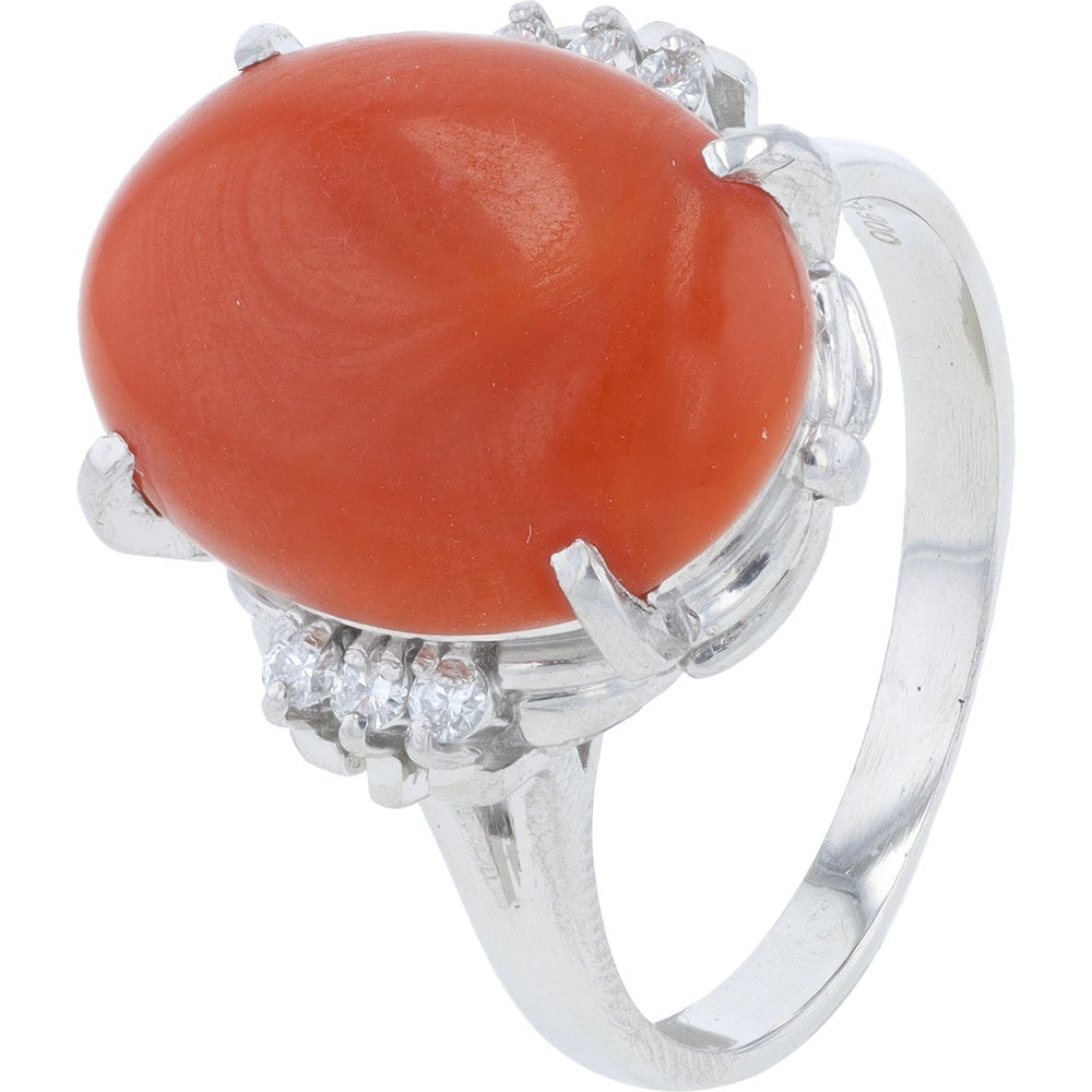 Platinum 900 Oval Coral Cabochon Ring with Diamond Accents - 8.89 Carat Main Stone