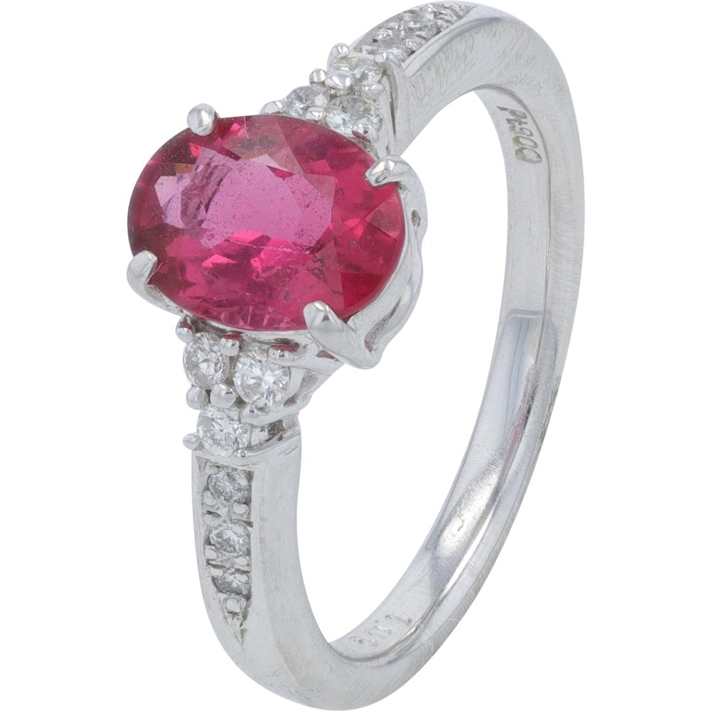 Platinum 900 Oval-Cut Pink Tourmaline Ring with Diamond-Accented Shoulders - 1.09 Carat Tourmaline and 0.13 Carat Total Diamond Weight