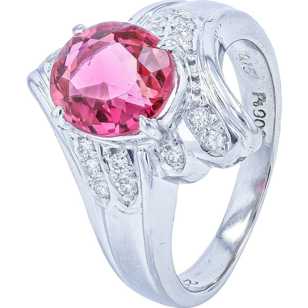 Platinum 900 Oval-Cut Pink Tourmaline Ring with Pavé Diamond Accents - 2.11 Carat Total Gem Weight and 0.15 Carat Total Diamond Weight