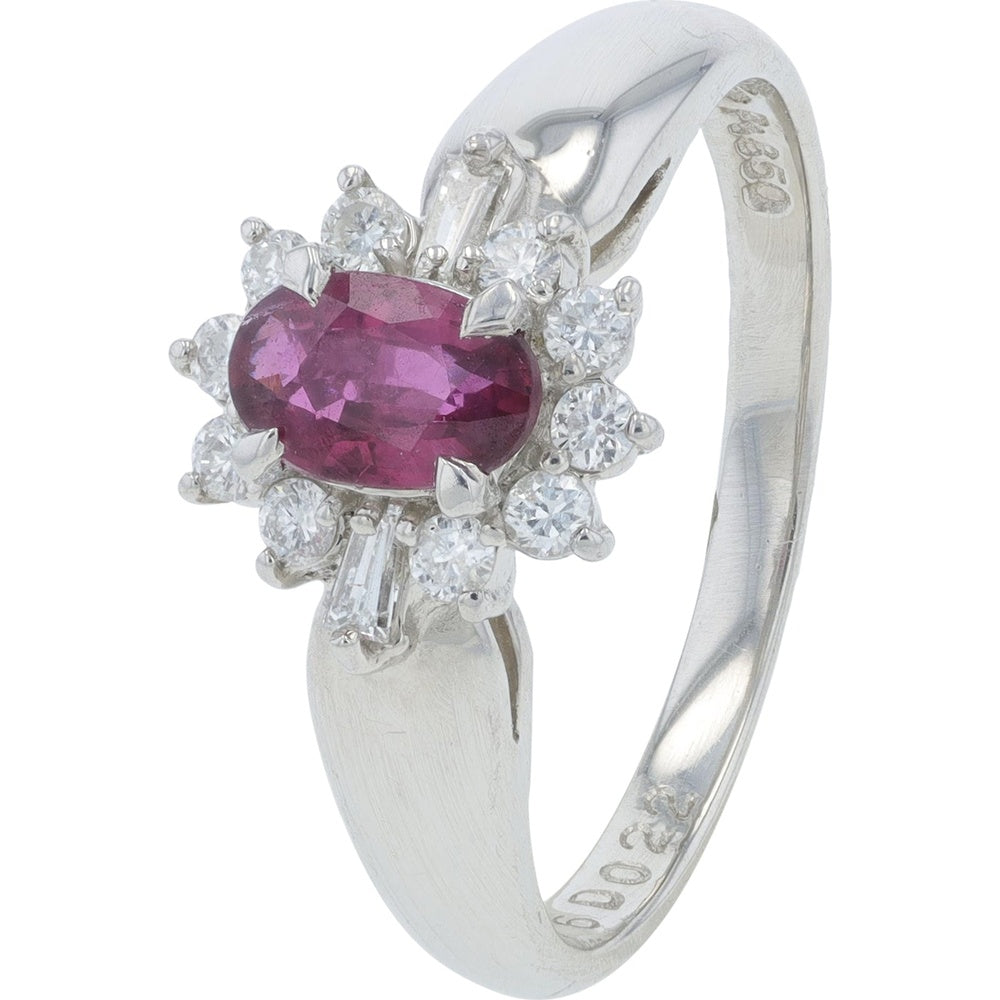 Platinum 900 Oval-Cut Ruby Ring with Diamond Halo Accents - 0.46 Carat Ruby and 0.22 Carat Total Diamond Weight
