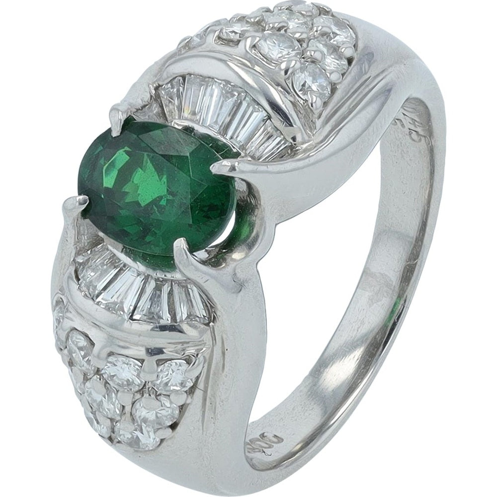 Platinum 900 Oval Grossular Garnet Ring with Baguette and Round Diamond Accents - 1.045 Carat Garnet and 0.65 Carat Total Diamond Weight