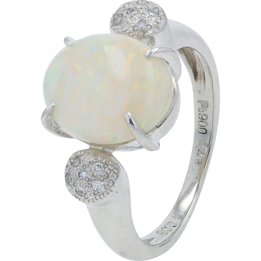 Platinum 900 Oval Opal Ring with Pavé Diamond Accents - 2.48 Carat Opal and 0.06 Carat Total Diamond Weight