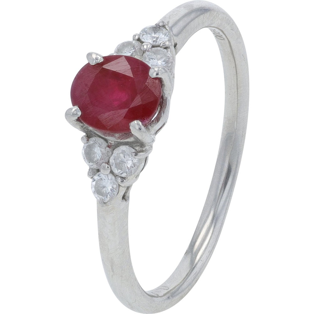 Platinum 900 Oval Ruby and Diamond Accent Ring - 1.066 Carat Ruby and 0.186 Carat Total Diamond Weight