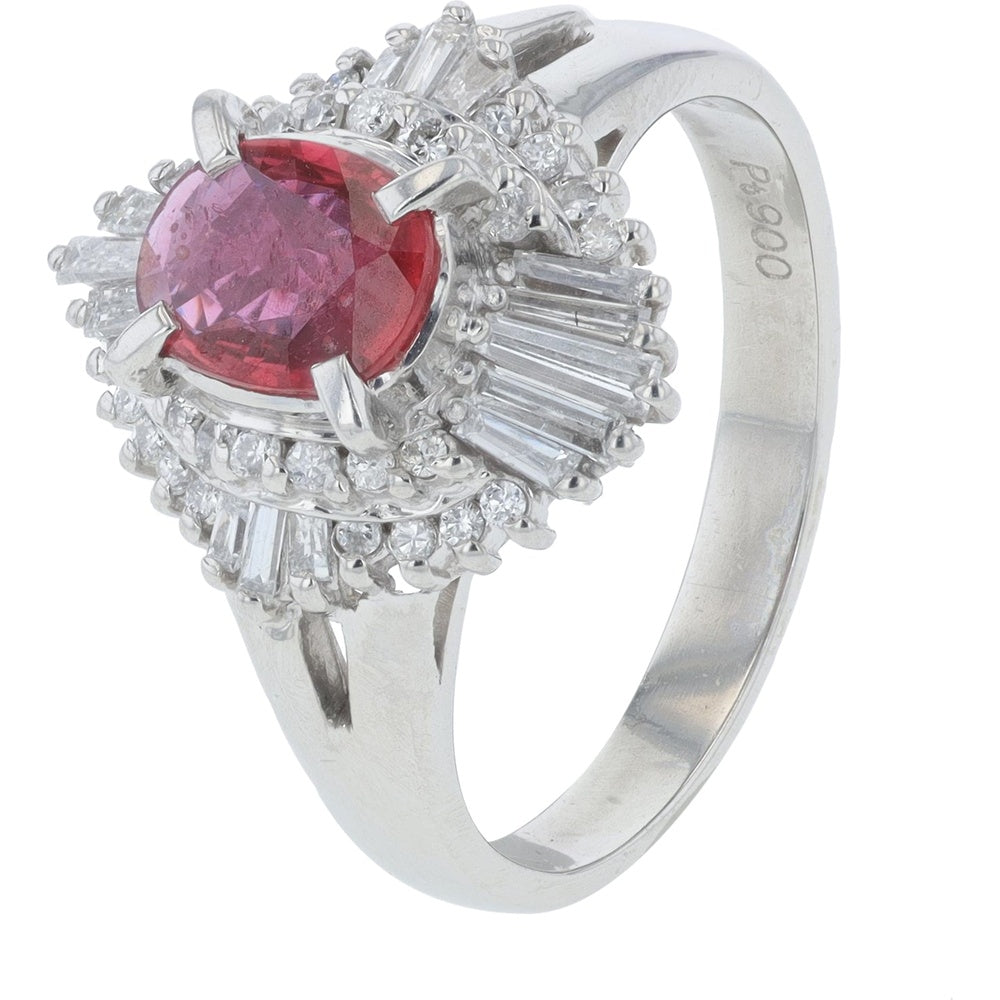 Platinum 900 Oval Ruby Ring with Round and Baguette Diamond Halo - 0.68 Carat Ruby and 0.51 Carat Total Diamond Weight