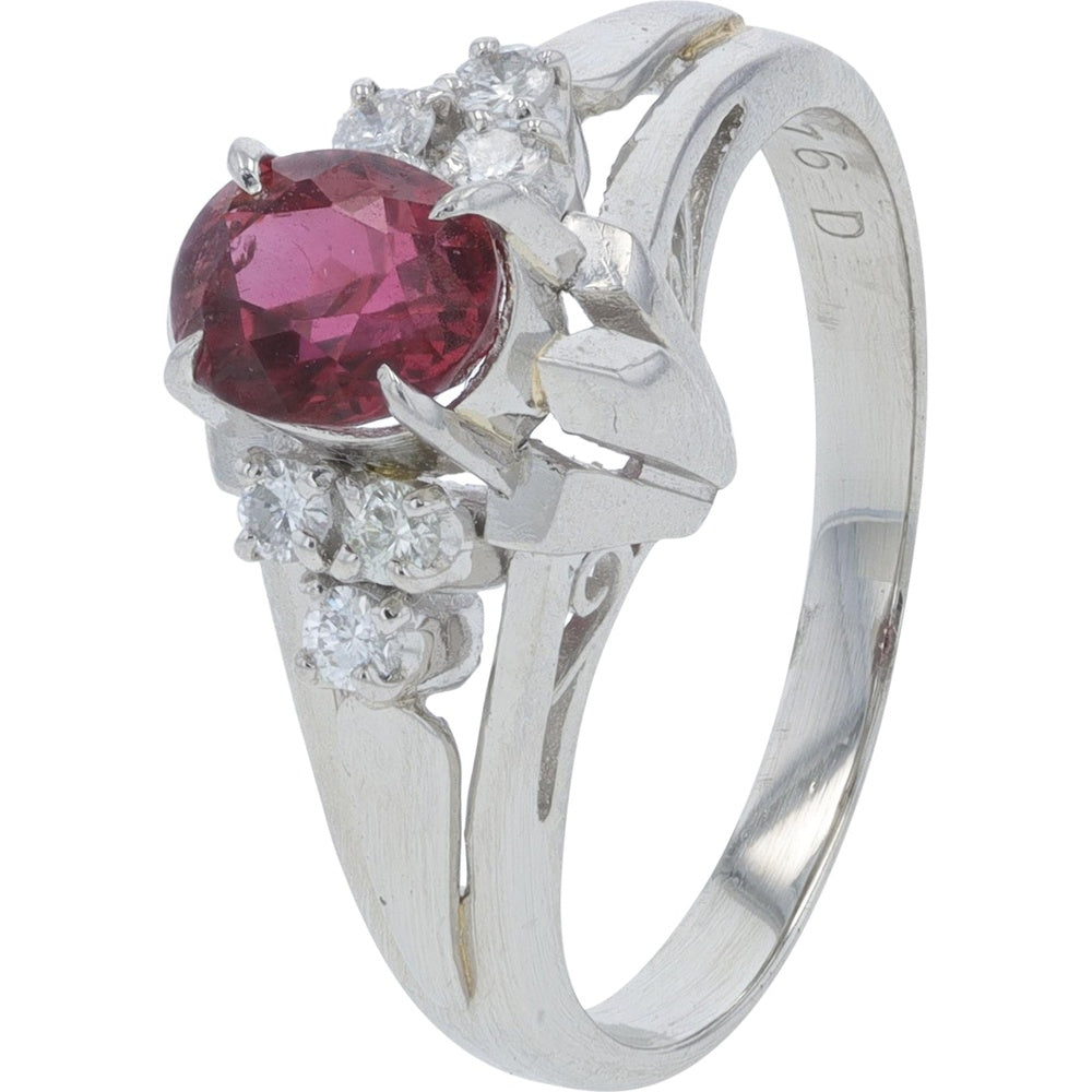 Platinum 900 Oval Ruby Ring with Round Diamond Accents - 0.76 Carat Ruby and 0.15 Carat Total Diamond Weight