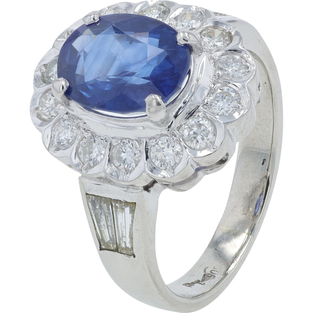 Platinum 900 Oval Sapphire and Diamond Halo Ring with Baguette Shoulder Accents - 2.00 Carat Sapphire and 0.88 Carat Total Diamond Weight