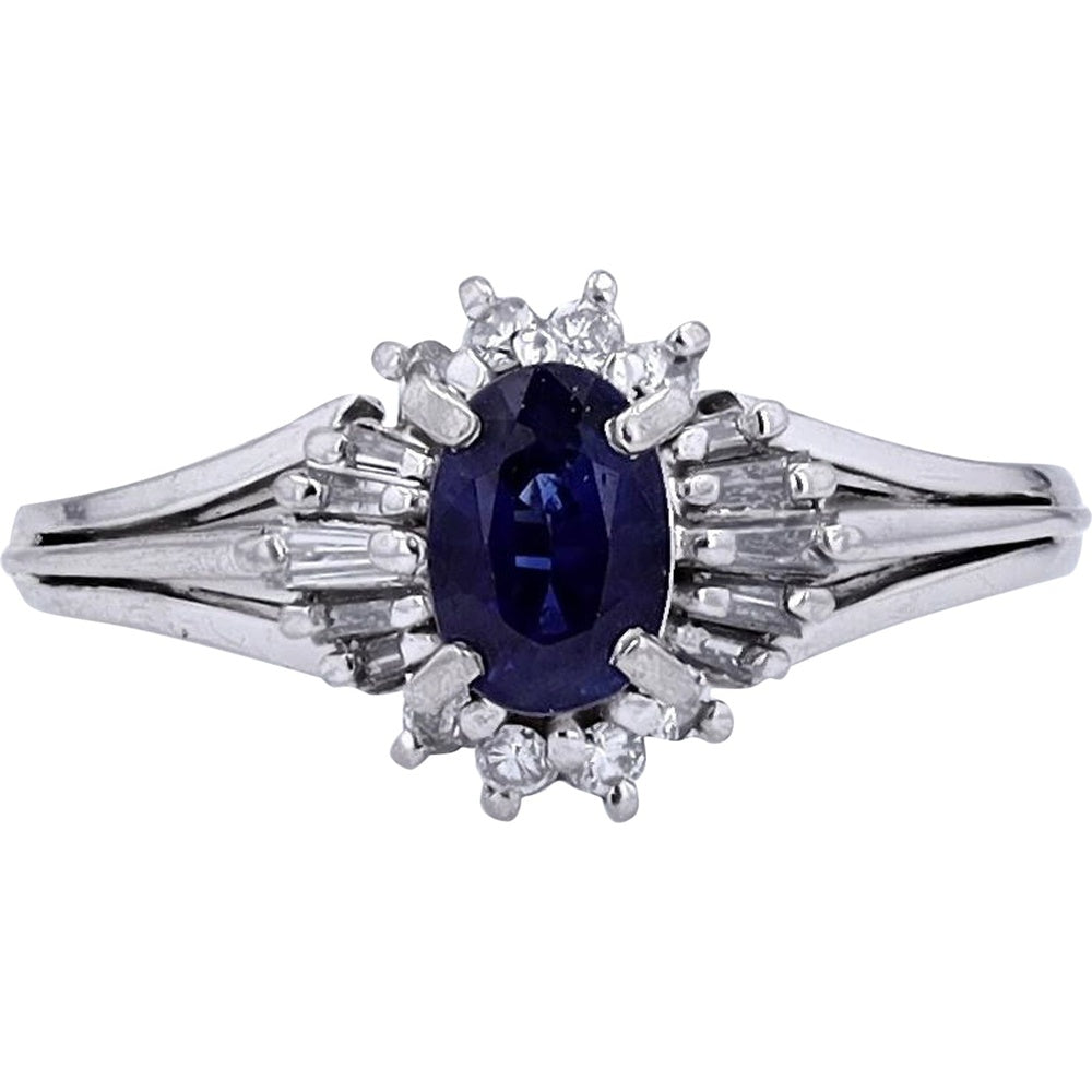 Platinum 900 Oval Sapphire Ring with Diamond Accents - 0.71 Carat Sapphire and 0.25 Carat Total Diamond Weight - Size 6