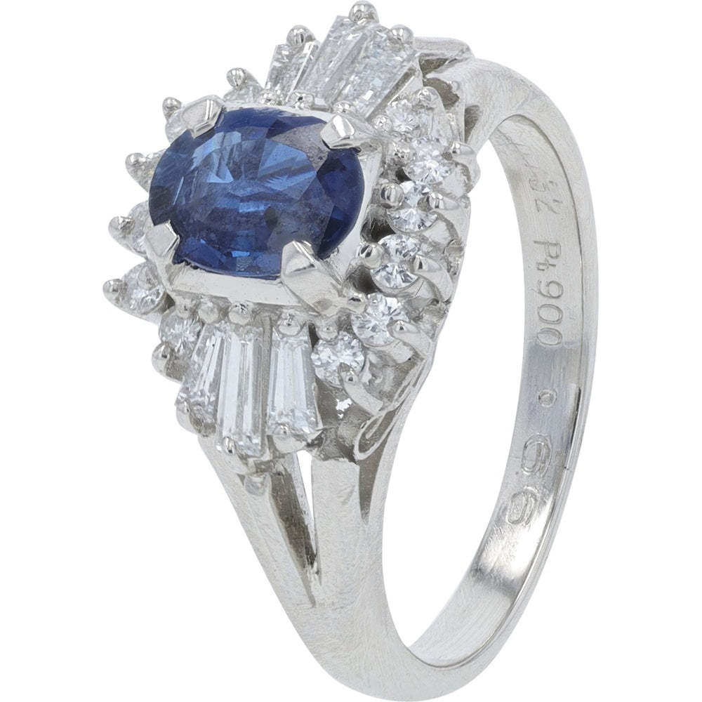 Platinum 900 Oval Sapphire Ring with Round and Baguette Diamond Halo - 0.66 Carat Sapphire and 0.43 Carat Total Diamond Weight