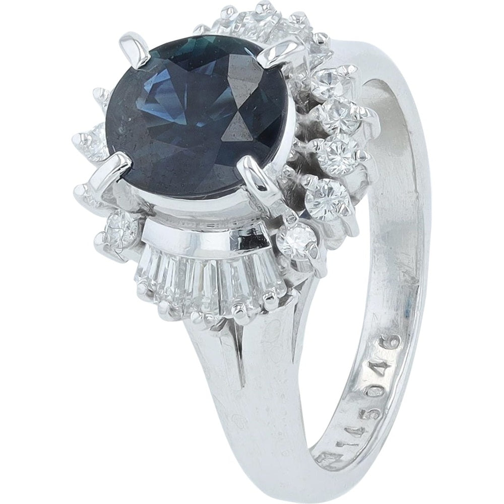 Platinum 900 Oval Sapphire Ring with Round and Baguette Diamond Halo - 1.45 Carat Sapphire and 0.46 Carat Total Diamond Weight