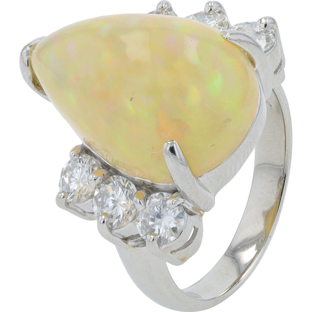 Platinum 900 Pear-Shaped Cabochon Opal Ring with Prong-Set Round Diamonds - 11.45 Carat Opal and 1.20 Carat Total Diamond Weight