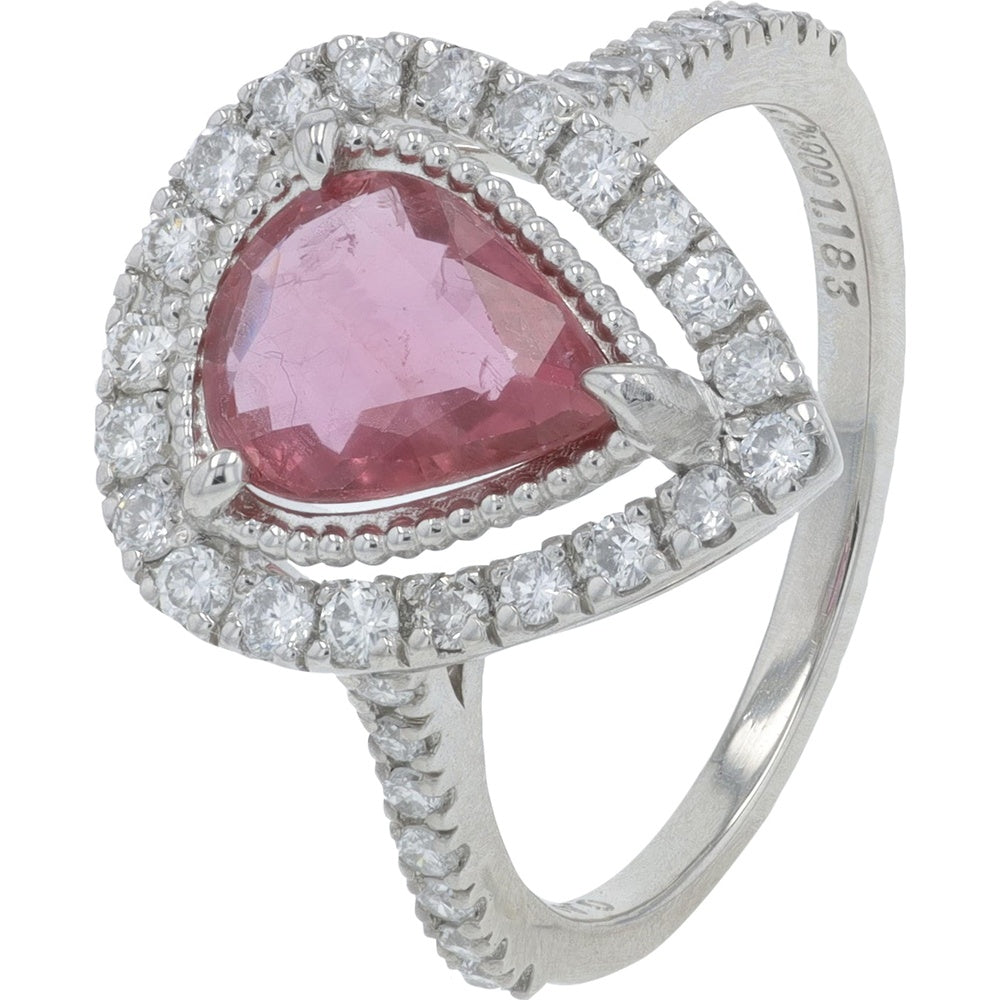 Platinum 900 Pear-Shaped Ruby Halo Ring with Pavé-Set Round Diamonds - 1.18 Carat Ruby and 0.41 Carat Total Diamond Weight