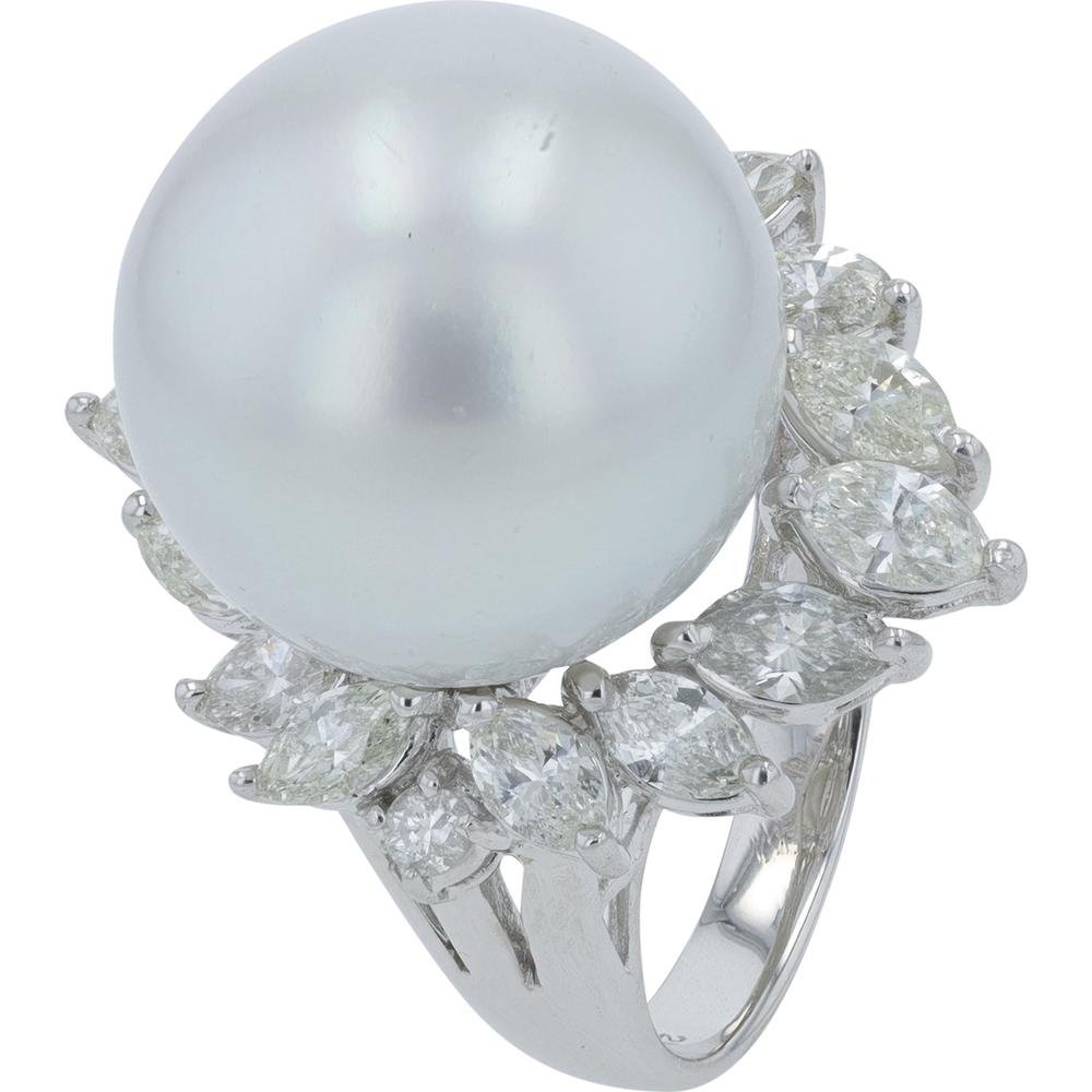 Platinum 900 Pearl Ring with 2.85 Carat Total Marquise and Round Diamond Halo