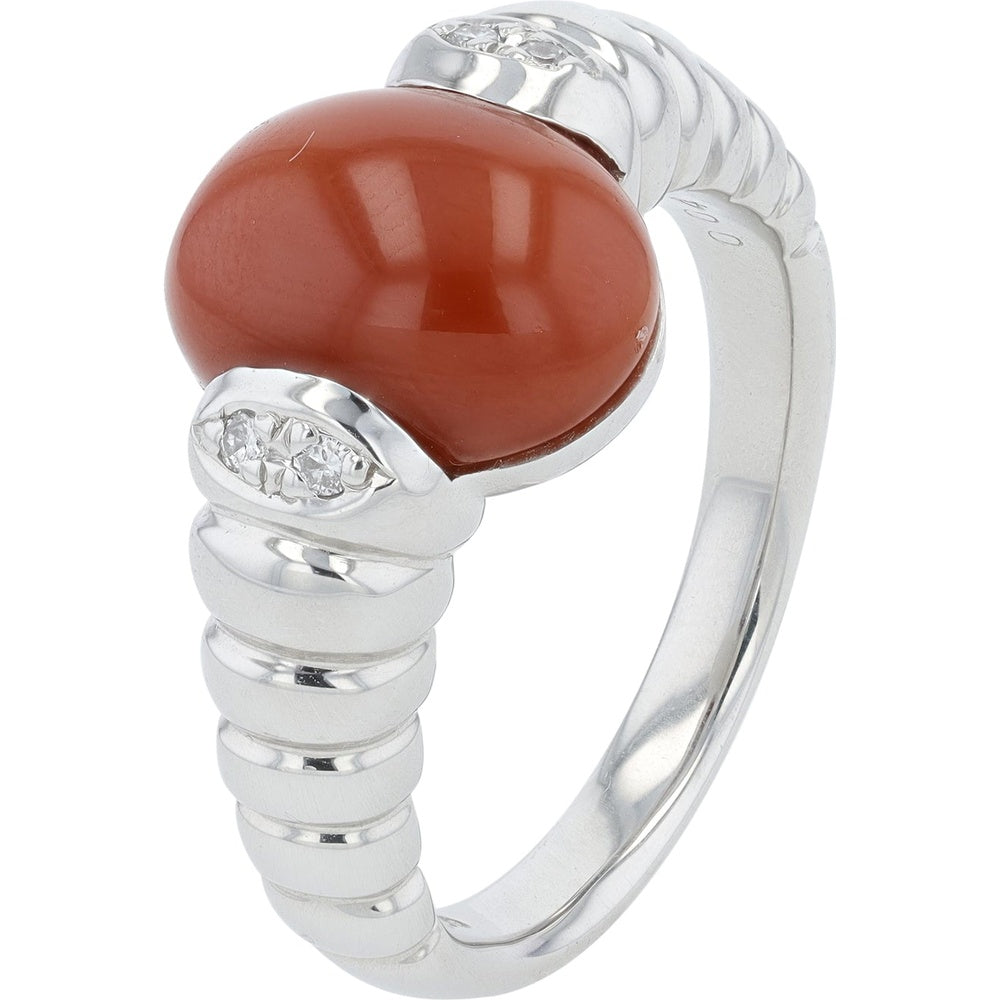 Platinum 900 Ribbed Band Ring with 2.53 Carat Cabochon Coral Center and 0.04 Carat Pavé Diamond Accents