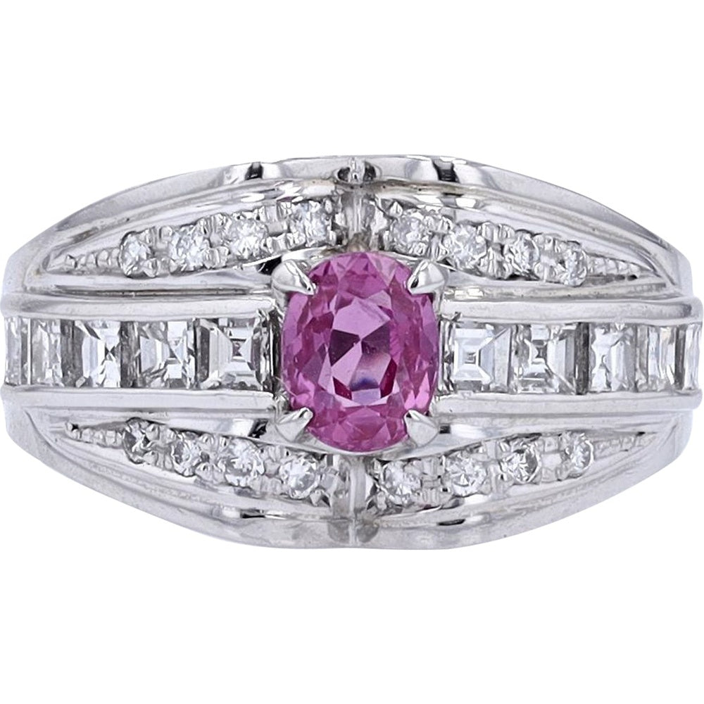 Platinum 900 Ring with 0.73 Carat Oval Cut Ruby and 0.77 Carat Baguette and Round Diamond Accents