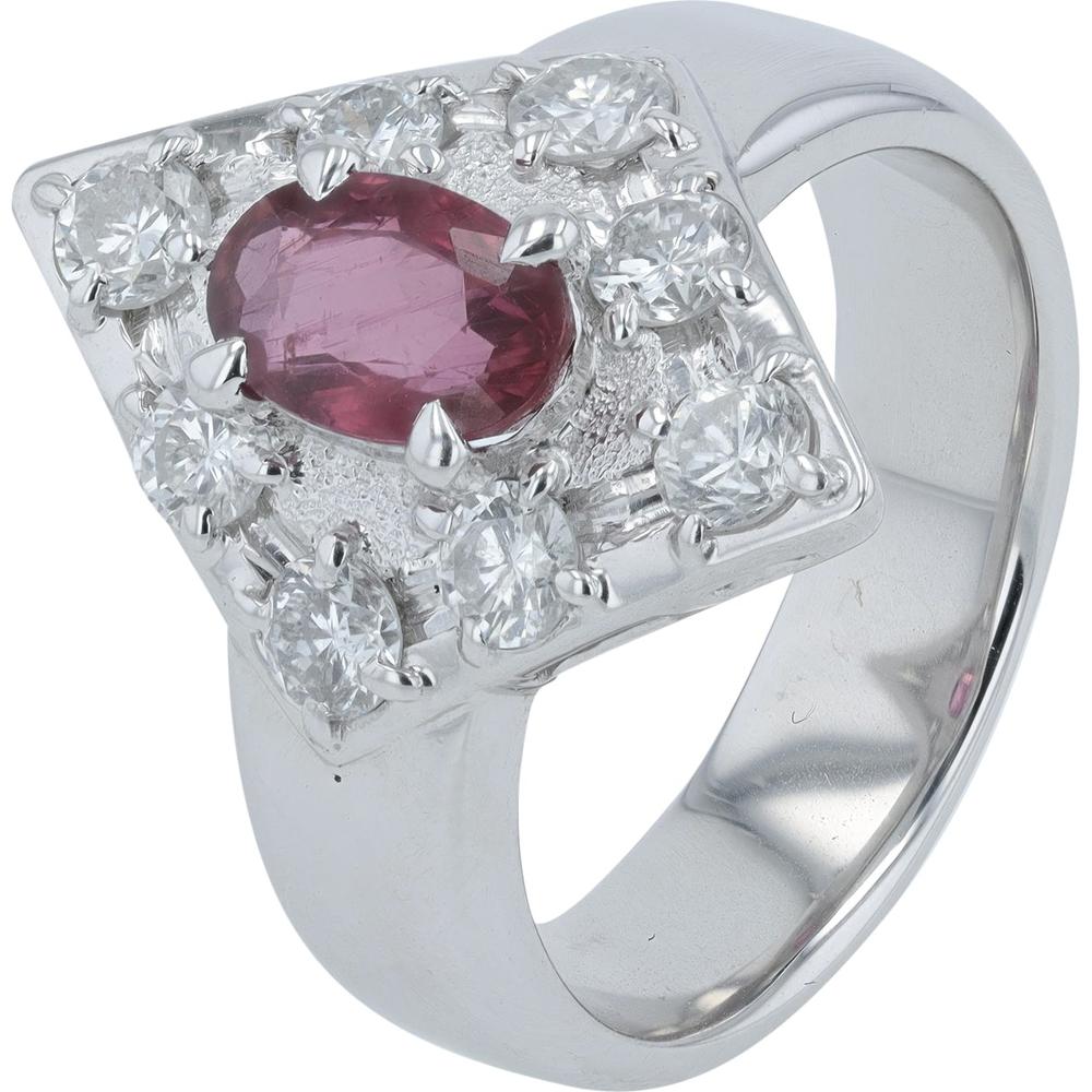 Platinum 900 Ring with 0.85 Carat Oval Ruby and 0.82 Carat Round Diamond Halo