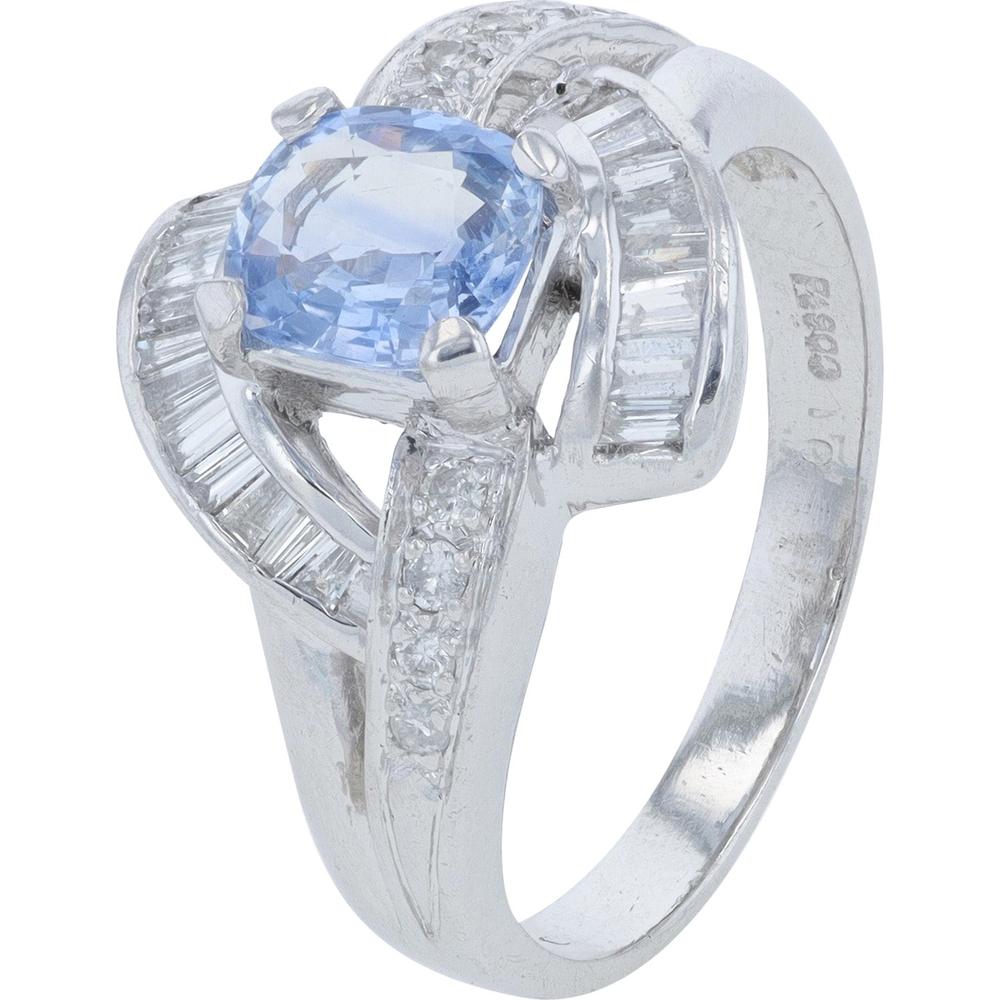 Platinum 900 Ring with 1.25 Carat Cushion - Cut Sapphire and 0.50 Carat Baguette & Round Diamonds