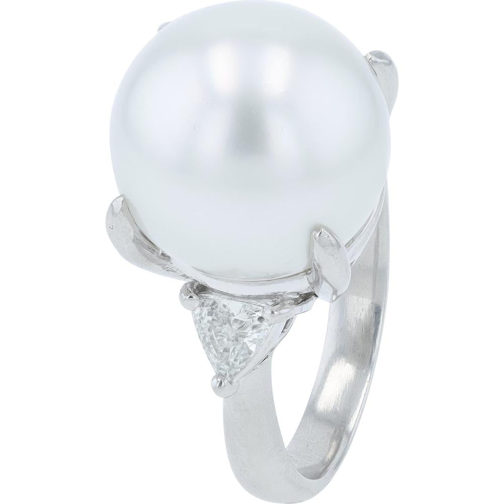 Platinum 900 Ring with 12.8mm Pearl Center and 0.32 Carats Trillion Cut Diamond Accents