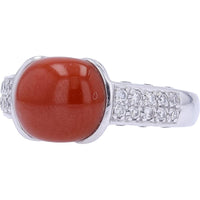 Platinum 900 Ring with Cabochon Coral Center and 0.31 Carat Total Diamond Accents
