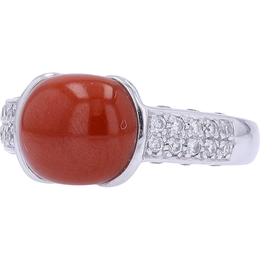 Platinum 900 Ring with Cabochon Coral Center and 0.31 Carat Total Diamond Accents