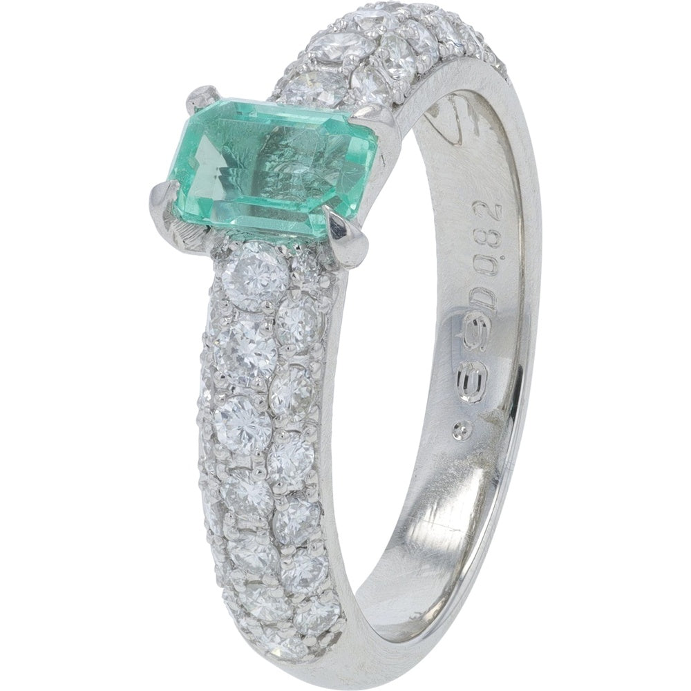 Platinum 900 Ring with Step Cut Emerald and Pavé Set Round Diamonds - 0.69 Carat Emerald and 0.82 Carat Total Diamond Weight