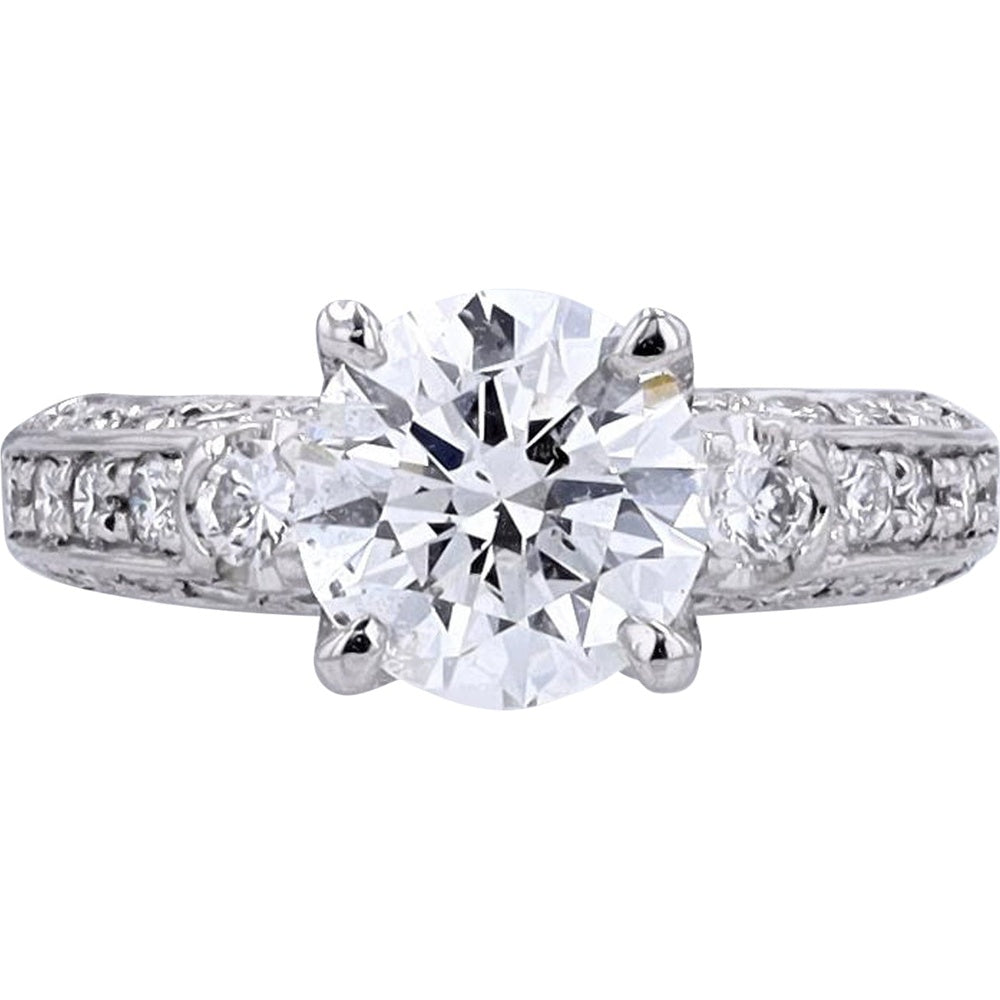 Platinum 900 Round Brilliant Diamond Solitaire Engagement Ring with Milgrain Accent Band - 2.88 Carat Total Diamond Weight