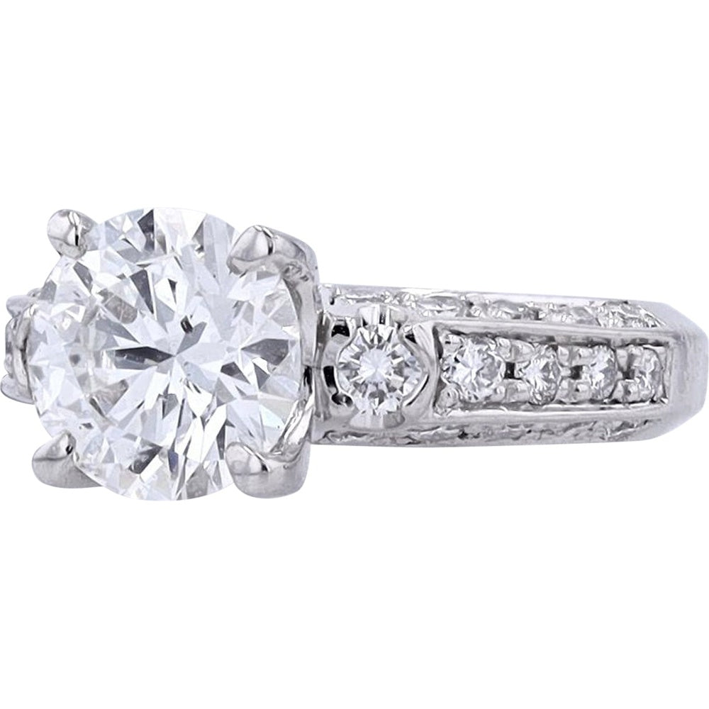 Platinum 900 Round Brilliant Diamond Solitaire Engagement Ring with Milgrain Accent Band - 2.88 Carat Total Diamond Weight