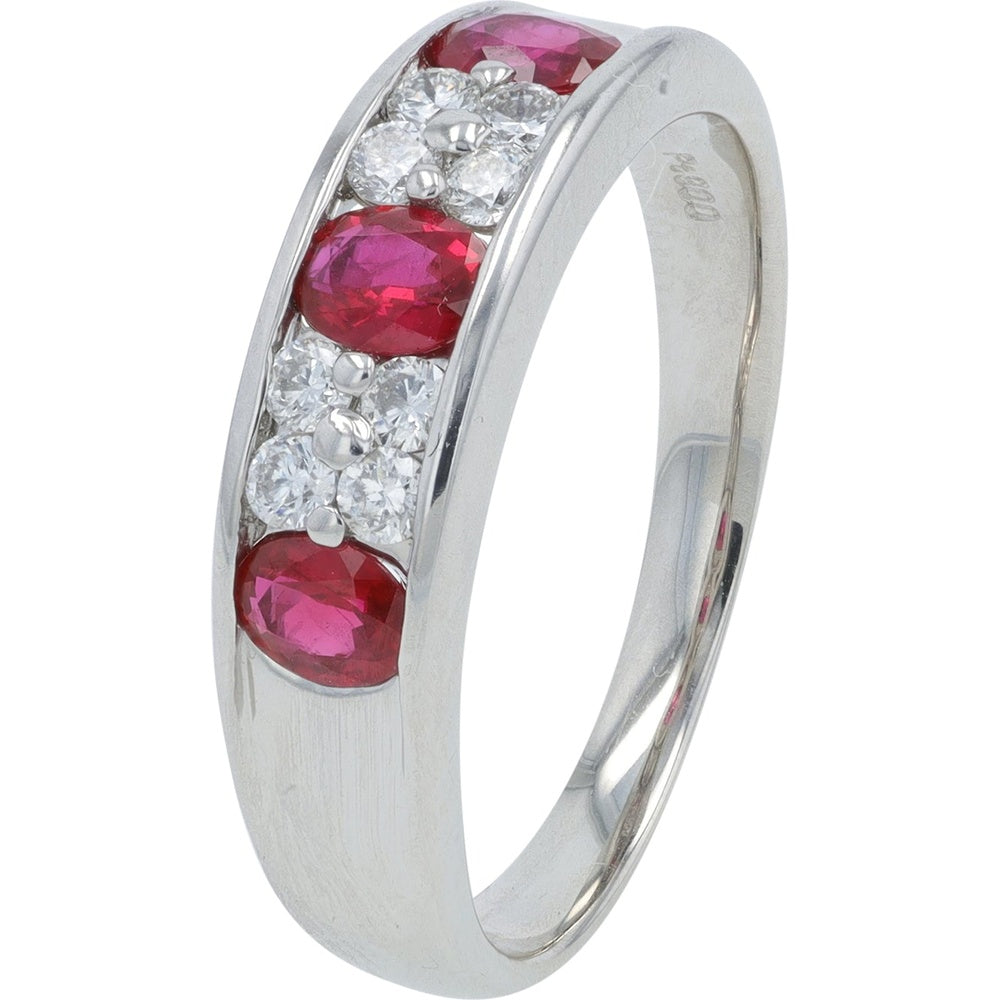 Platinum 900 Ruby and Diamond Band with Channel Set Oval Rubies and Round Diamond Accents - 0.59 Total Carat Weight Ruby and 0.24 Total Carat Weight Diamond
