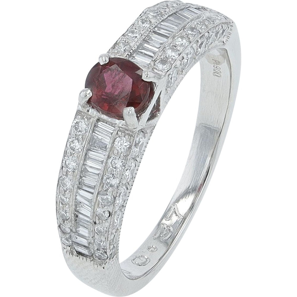 Platinum 900 Ruby and Diamond Ring with Milgrain Detail and Baguette Accents - 0.37 Carat Ruby and 0.70 Carat Total Diamond Weight
