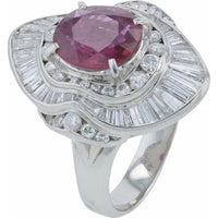 Platinum 900 Shield-Cut Thai Ruby Ring with Baguette and Round Diamond Halo - 2.98 Carat Ruby and 2.13 Carat Diamond Total Weight