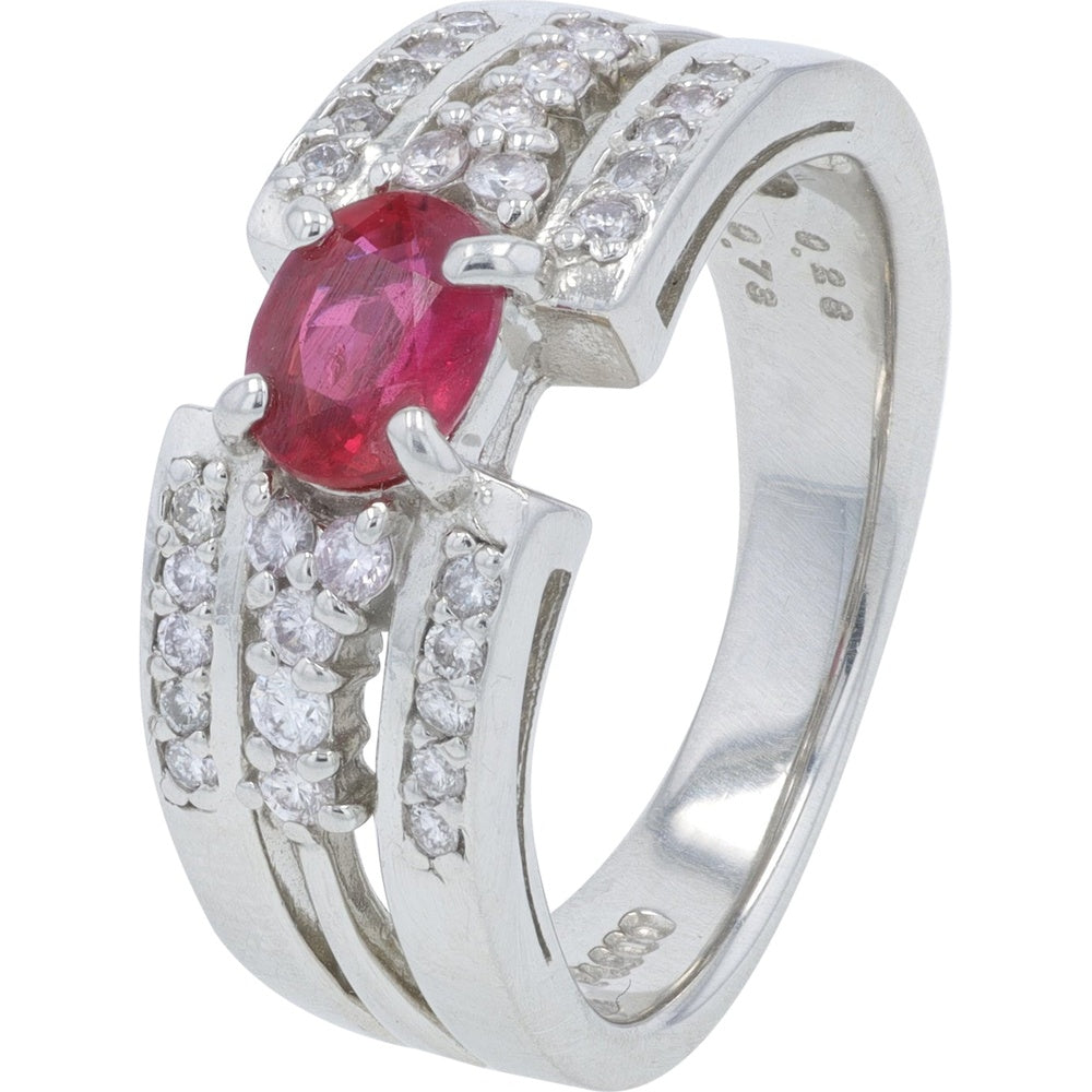 Platinum 900 Split-Shank Ring with 0.73 Carat Oval Ruby and 0.28 Carat Pave-Set Round Diamonds