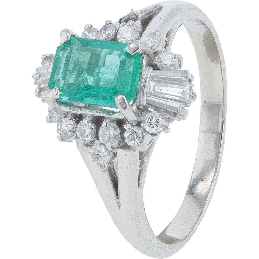 Platinum 900 Split Shank Ring with 0.83 Carat Emerald and 0.39 Carat Round and Baguette Diamond Accents - Size 6.5