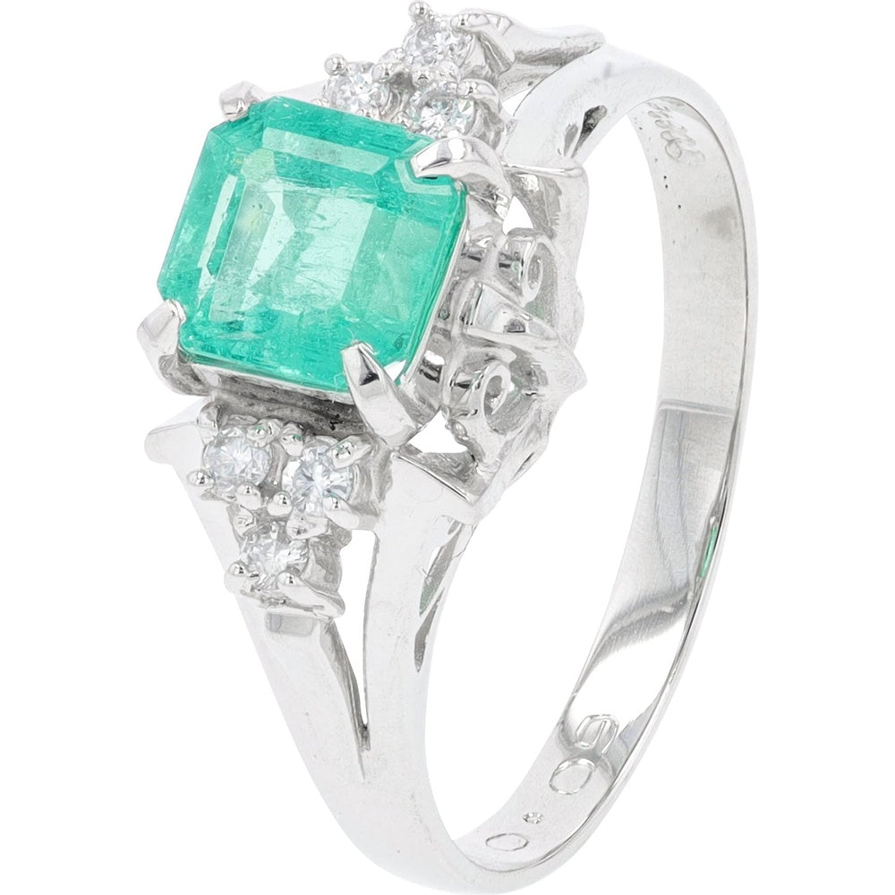 Platinum 900 Split Shank Ring with 0.85 Carat Emerald Cut Emerald and 0.09 Carat Diamond Accents - Size 6.25