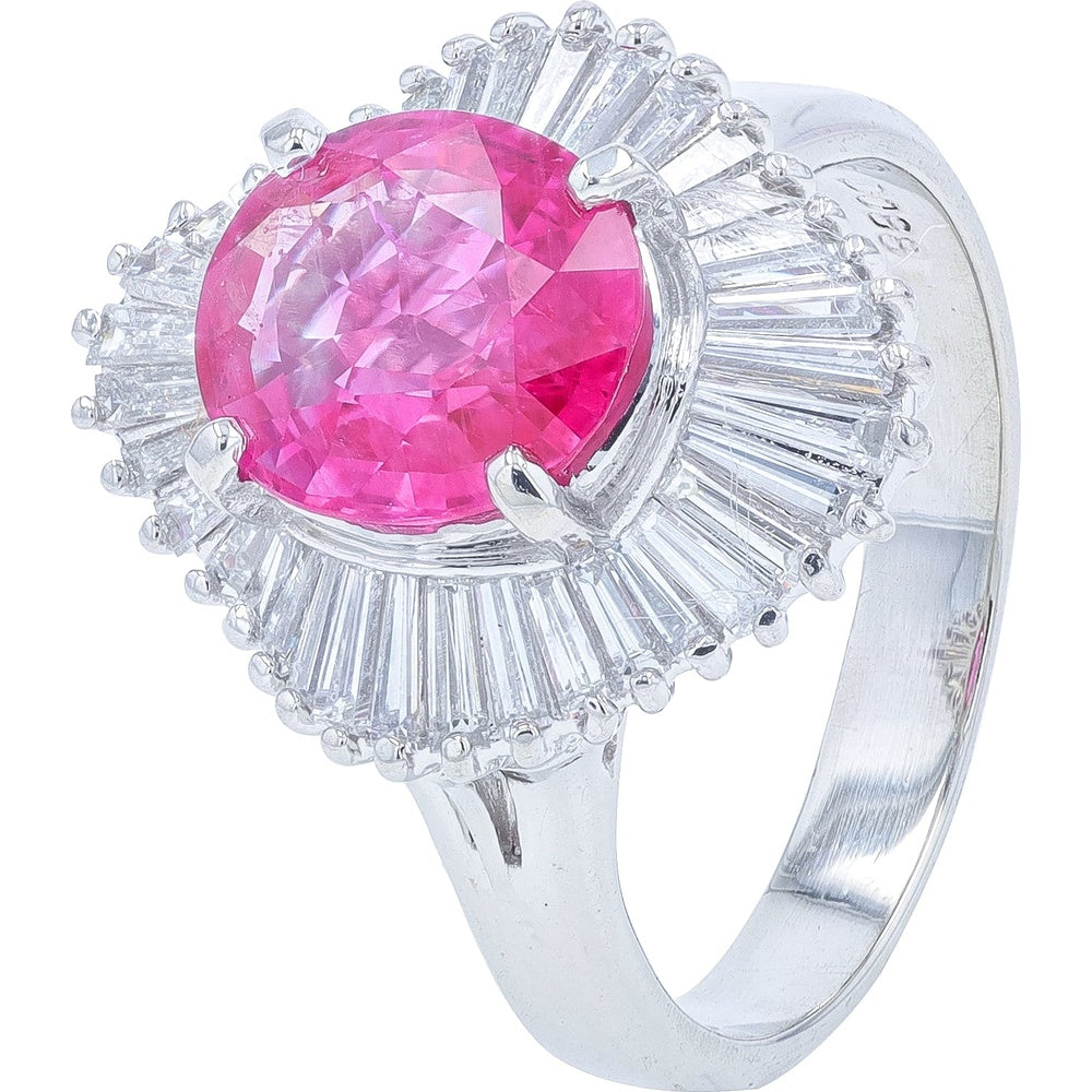 Platinum 900 Starburst Halo Ring with 1.96 Carat Oval Ruby and 0.88 Carat Baguette Diamonds