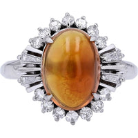Platinum 900 Starburst Halo Ring with Oval Cabochon Fire Opal and Baguette Diamonds - 2.49 Carat Fire Opal and 0.47 Carat Total Diamond Weight