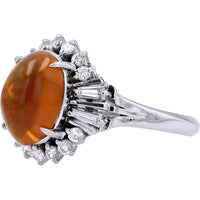 Platinum 900 Starburst Halo Ring with Oval Cabochon Fire Opal and Baguette Diamonds - 2.49 Carat Fire Opal and 0.47 Carat Total Diamond Weight