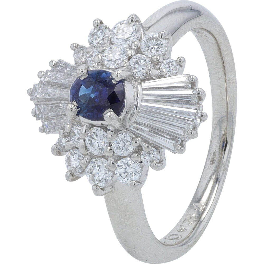 Platinum 900 Starburst Halo Ring with Oval Sapphire and Mixed Baguette and Round Diamonds - 0.31 Carat Sapphire and 0.77 Carat Total Diamond Weight