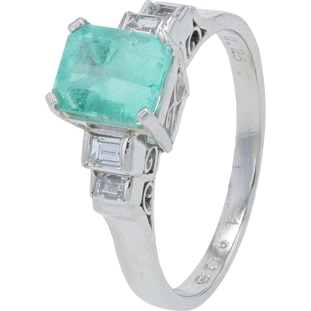 Platinum 900 Step-Cut Emerald and Baguette Diamond Accent Ring - 1.08 Carat Emerald and 0.25 Carat Diamond Total Weight