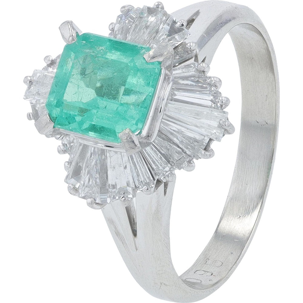 Platinum 900 Sunburst Ring with 1.10 Carat Colombian Emerald Center and Baguette Diamond Halo - 0.95 Carat Total Diamond Weight