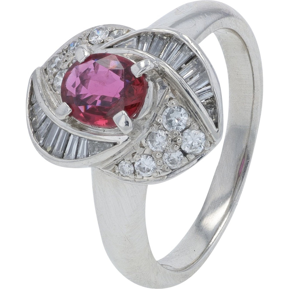 Platinum 900 Swirl Halo Ring with Oval-Cut Ruby and Mixed Cut Diamonds - 0.68 Carat Ruby and 0.39 Carat Total Diamond Weight