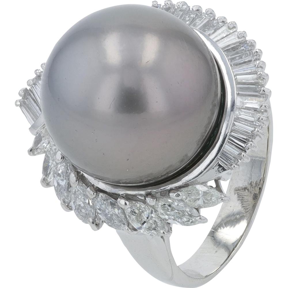 Platinum 900 Tahitian Pearl Ring with 1.11 Carat Total Marquise and Baguette Diamonds