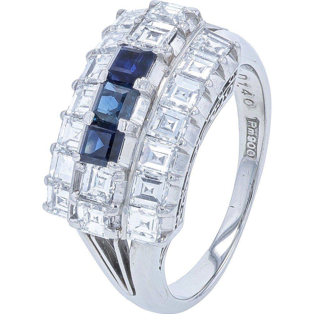 Platinum 900 Three-Stone Sapphire Ring with Square and Rectangular Diamond Halo - 0.49 Carat Total Sapphire Weight and 1.40 Carat Total Diamond Weight