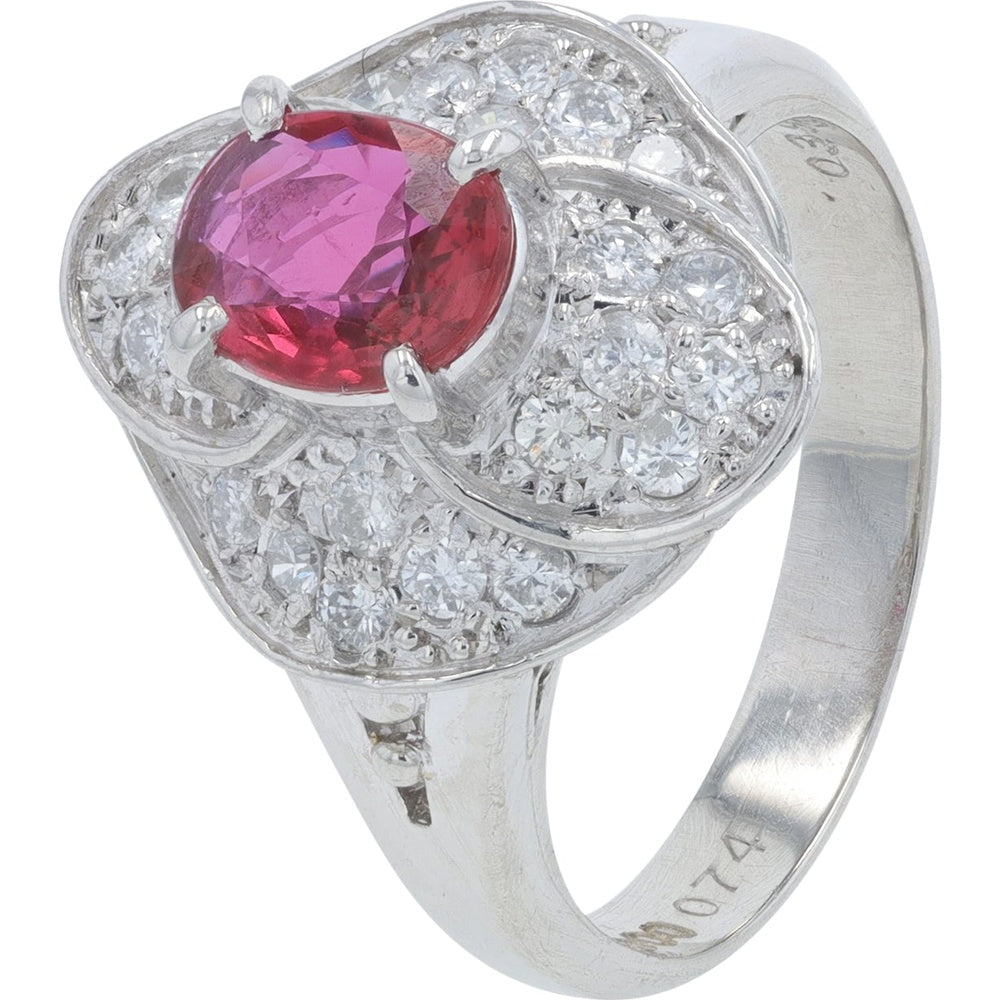 Platinum 900 Vintage-Inspired Halo Ring with 0.74 Carat Ruby and 0.39 Carat Round Diamonds - Size 5