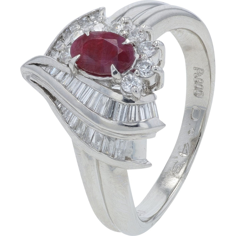 Platinum 900 Vintage-Style Ring with Oval Ruby and Channel-Set Baguette Diamonds - 0.43 Carat Ruby and 0.41 Carat Total Diamond Weight