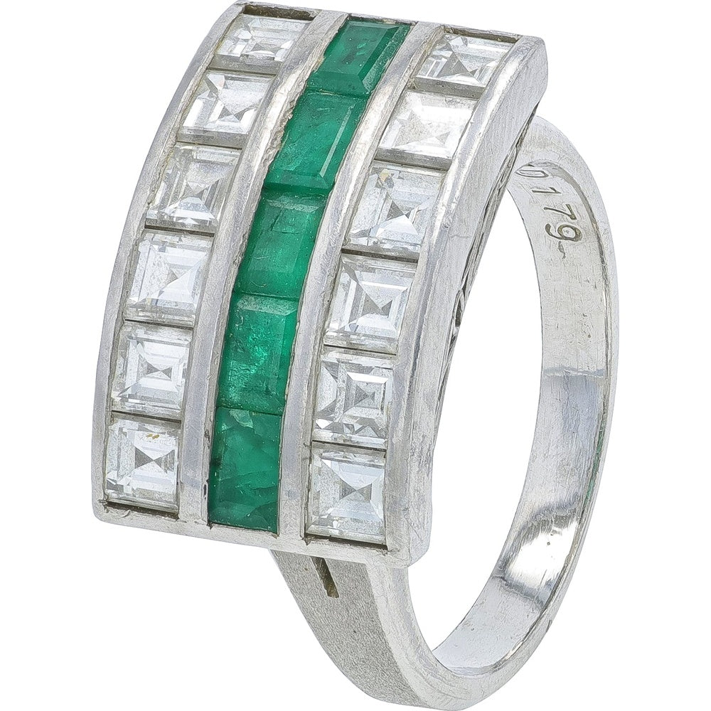 Platinum 900 Wide Band Ring with Channel-Set Square Emeralds and Accent Diamonds - 0.61 Carat Emerald Total Weight and 1.79 Carat Diamond Total Weight