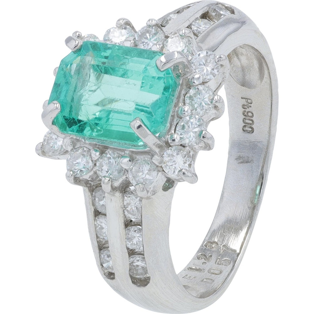 Platinum 900 Zambian Emerald Halo Ring with 1.28 Carat Center and 0.57 Carat Round Diamonds - GIA Certified