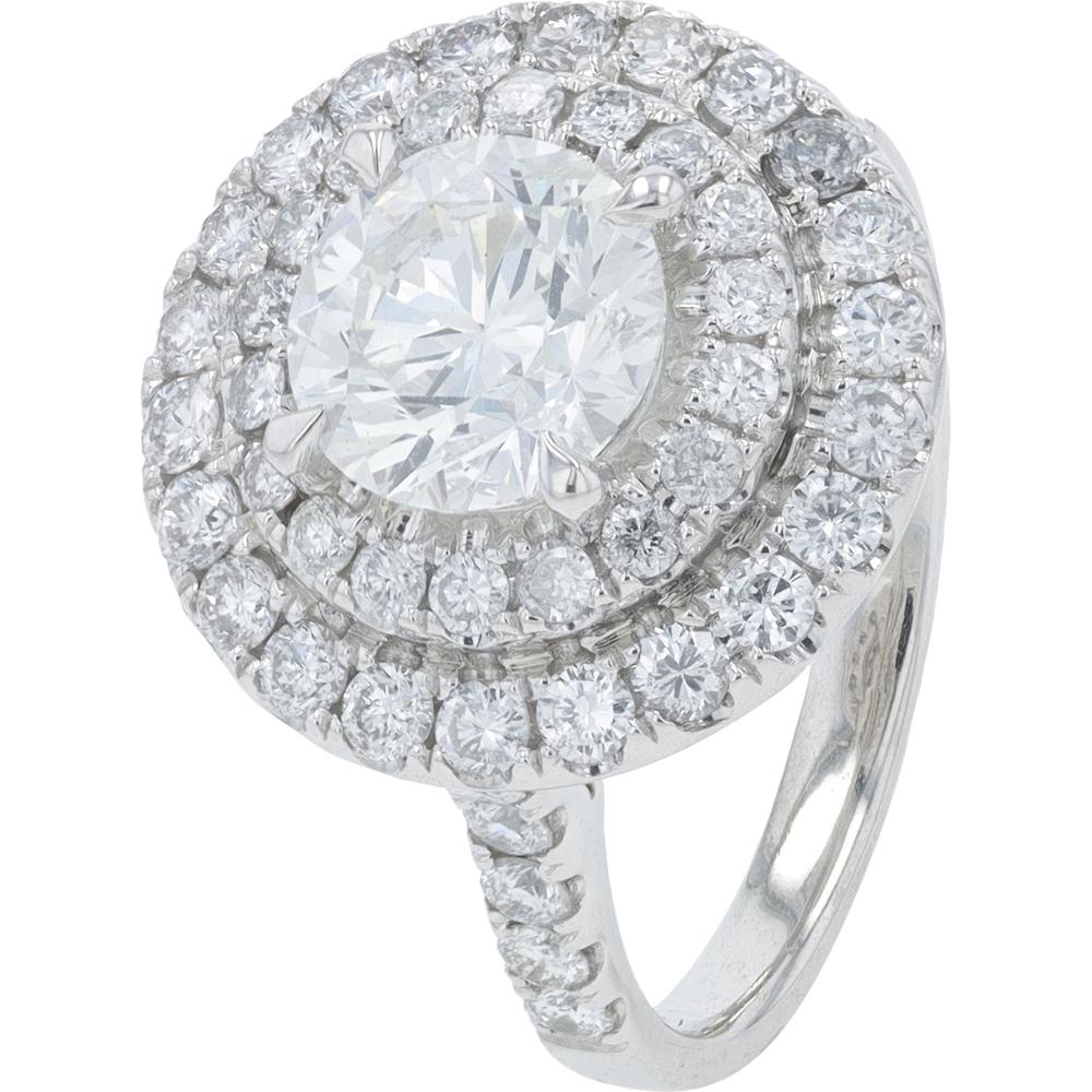 Platinum 950 2.64 Carat Total Weight Diamond Engagement Ring with Round Brilliant Cut and Halo Design - 1.54 Carat Center Diamond