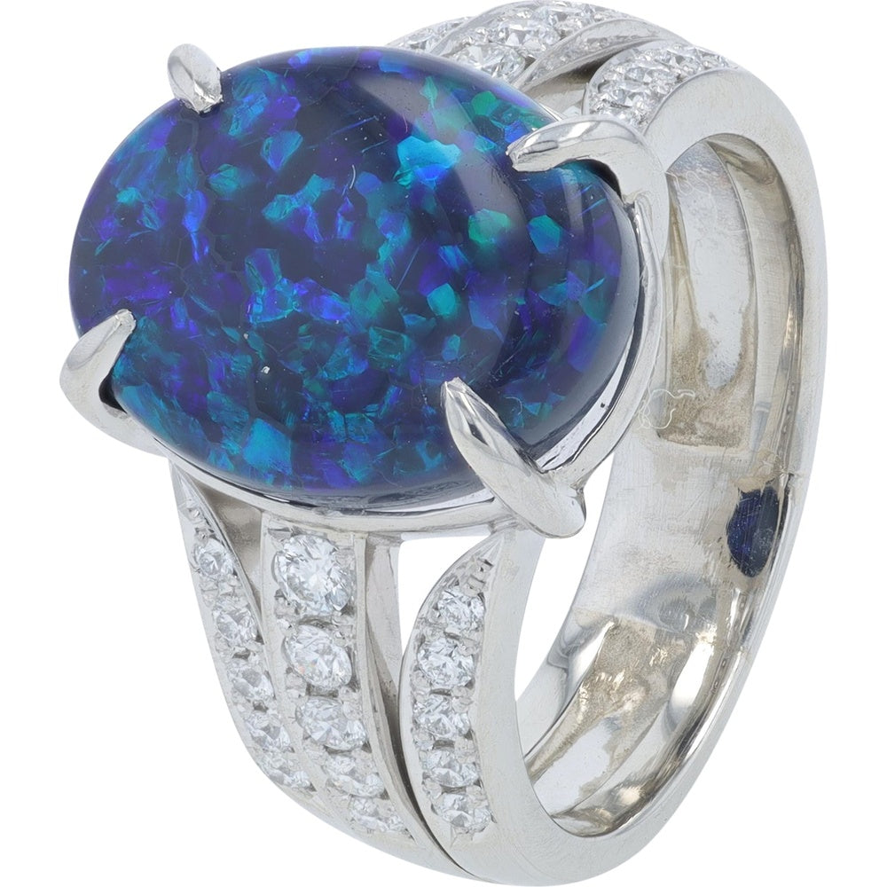 Platinum 950 Black Opal Ring with Split Shank Diamond Accents - 4.87 Carat Center Opal and 0.86 Carat Total Diamond Weight