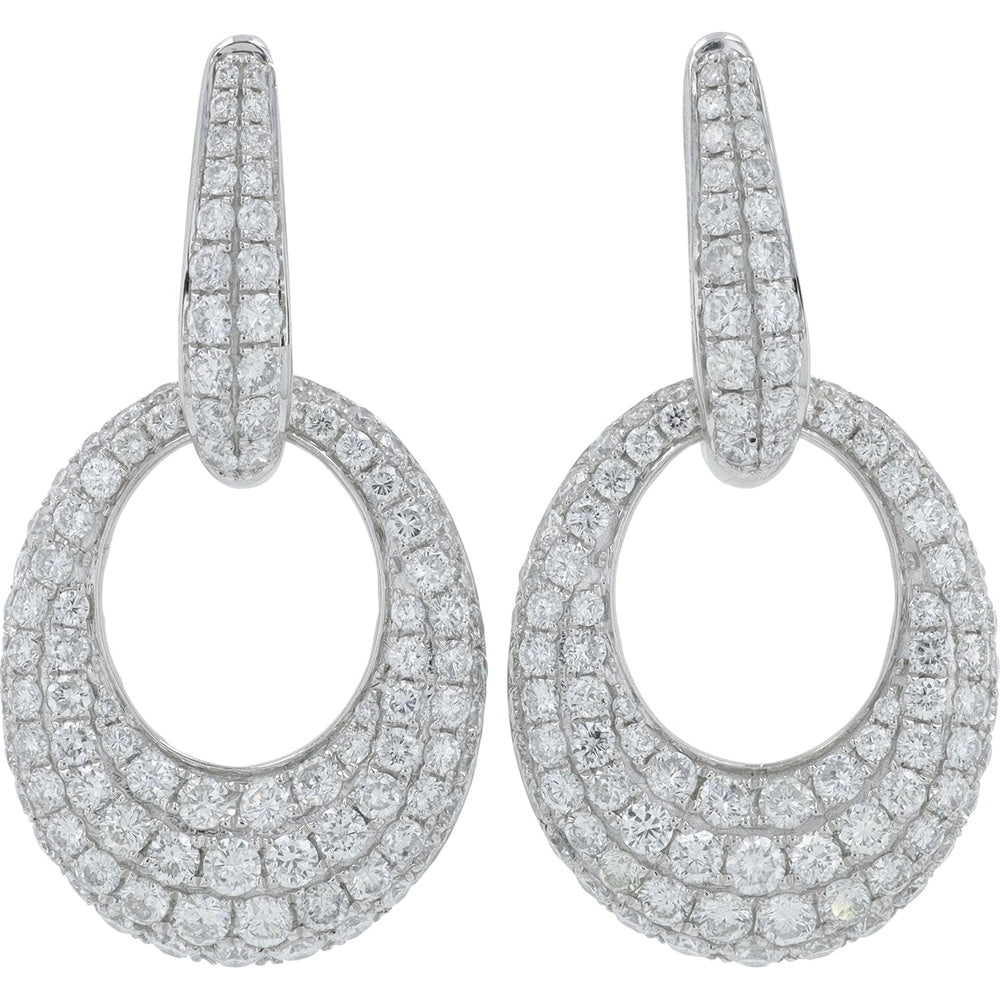 Platinum 950 Diamond Drop Earrings with Shared-Prong Set Round Diamonds - 5.23 Carat Total Diamond Weight